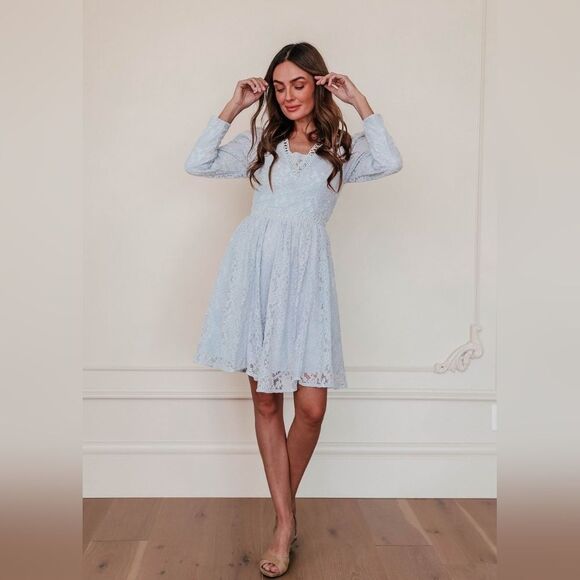 Jessakae Leah Ryder Felicia Blue Lace Long Sleeve Flare Mini Dress Size … - Picture 6 of 12